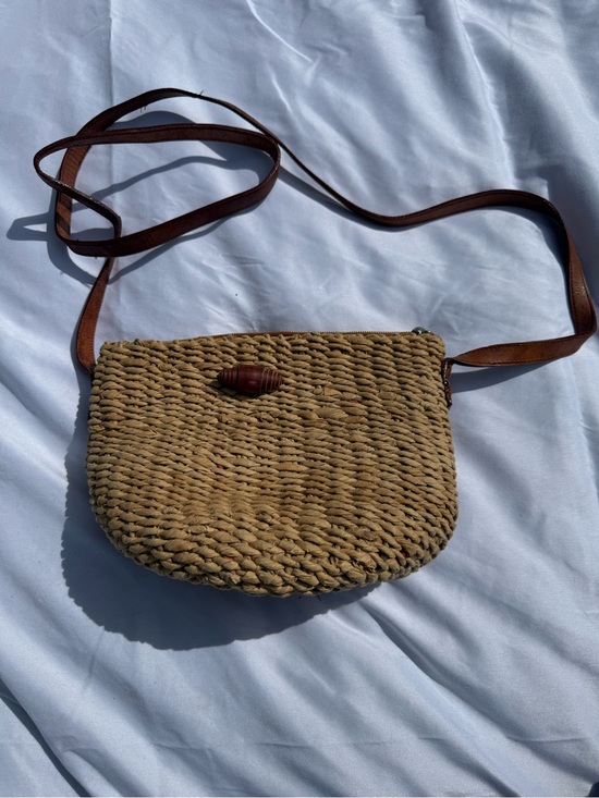 Handbags - Woven Straw Crossbody Bag with Brown Leather Strap